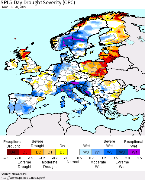 Europe SPI 5-Day Drought Severity (CPC) Thematic Map For 11/16/2019 - 11/20/2019