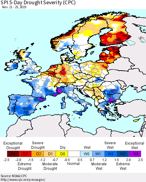 Europe SPI 5-Day Drought Severity (CPC) Thematic Map For 11/21/2019 - 11/25/2019