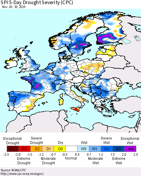 Europe SPI 5-Day Drought Severity (CPC) Thematic Map For 11/26/2019 - 11/30/2019