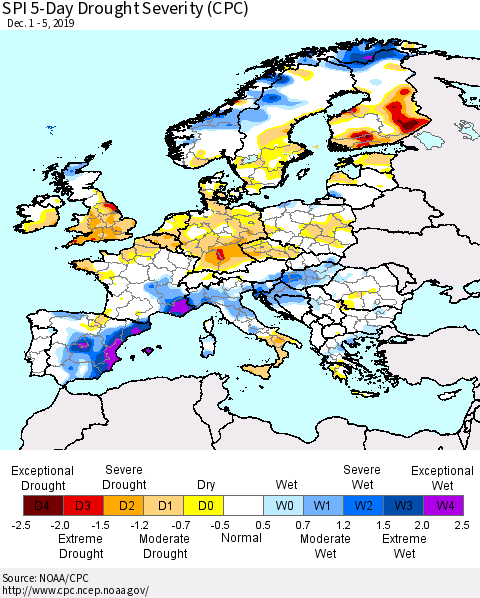 Europe SPI 5-Day Drought Severity (CPC) Thematic Map For 12/1/2019 - 12/5/2019