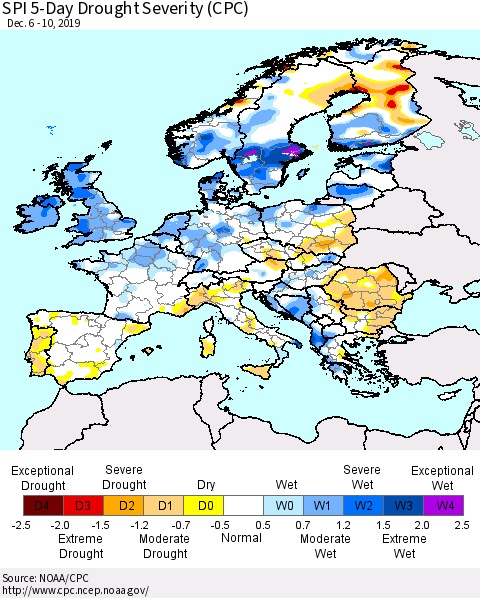 Europe SPI 5-Day Drought Severity (CPC) Thematic Map For 12/6/2019 - 12/10/2019