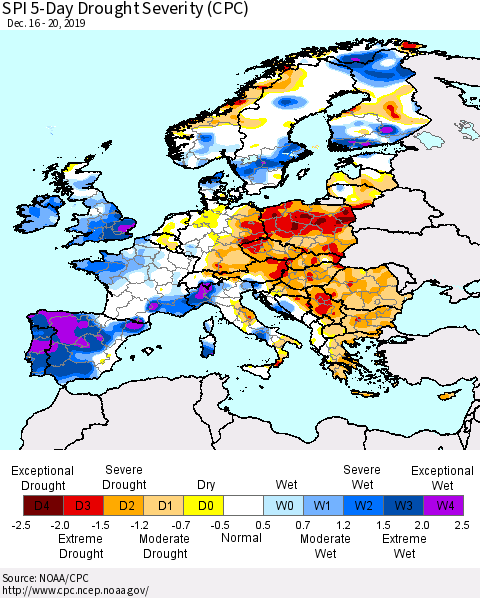 Europe SPI 5-Day Drought Severity (CPC) Thematic Map For 12/16/2019 - 12/20/2019