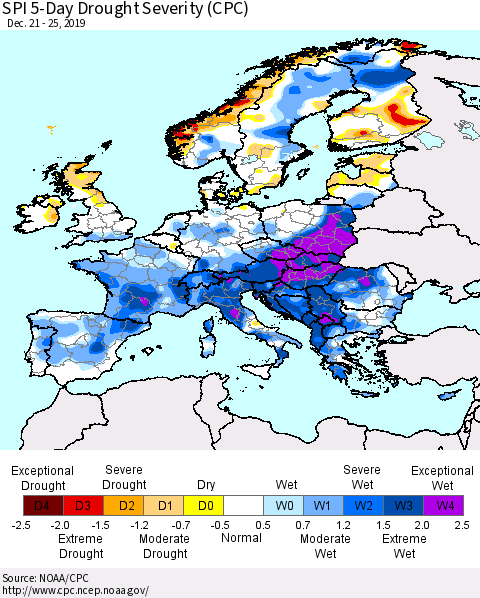 Europe SPI 5-Day Drought Severity (CPC) Thematic Map For 12/21/2019 - 12/25/2019