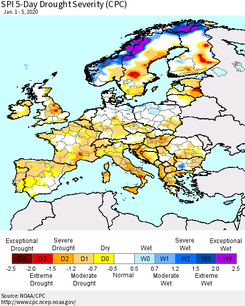 Europe SPI 5-Day Drought Severity (CPC) Thematic Map For 1/1/2020 - 1/5/2020