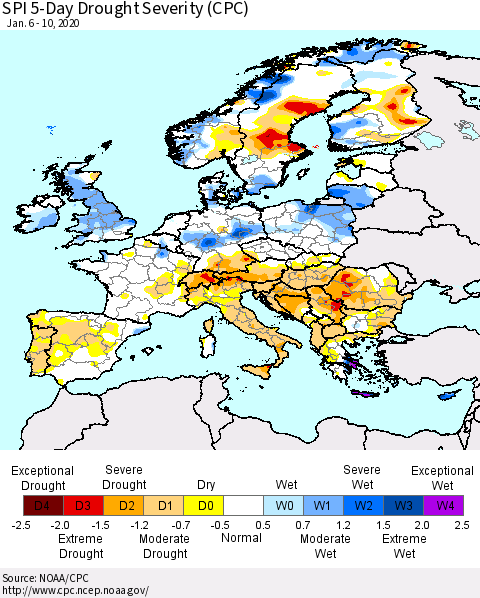 Europe SPI 5-Day Drought Severity (CPC) Thematic Map For 1/6/2020 - 1/10/2020