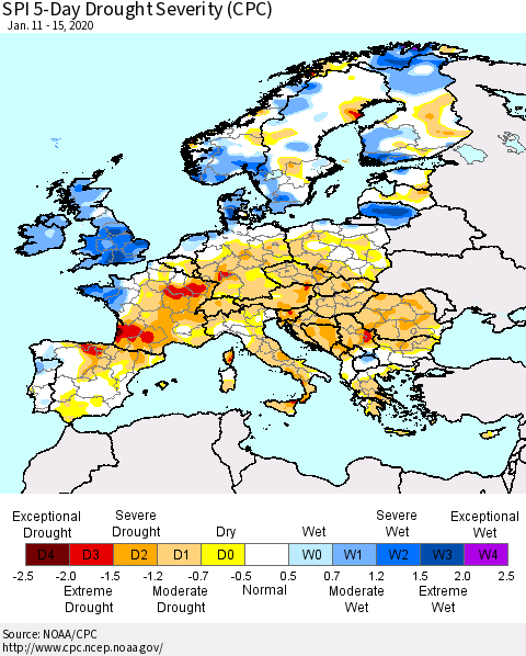 Europe SPI 5-Day Drought Severity (CPC) Thematic Map For 1/11/2020 - 1/15/2020