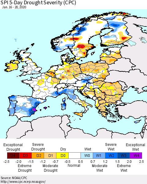 Europe SPI 5-Day Drought Severity (CPC) Thematic Map For 1/16/2020 - 1/20/2020