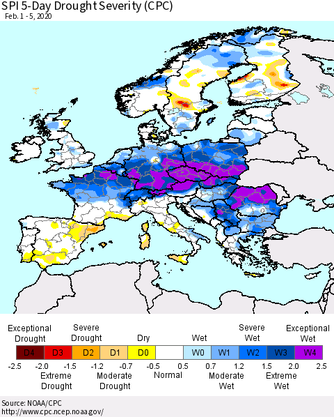 Europe SPI 5-Day Drought Severity (CPC) Thematic Map For 2/1/2020 - 2/5/2020