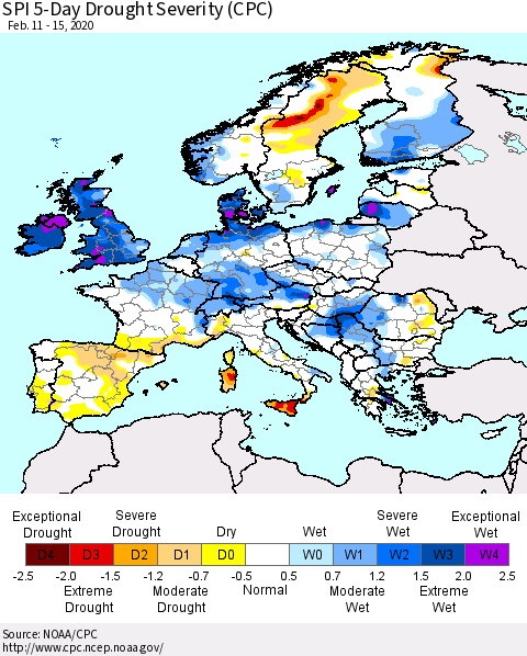 Europe SPI 5-Day Drought Severity (CPC) Thematic Map For 2/11/2020 - 2/15/2020
