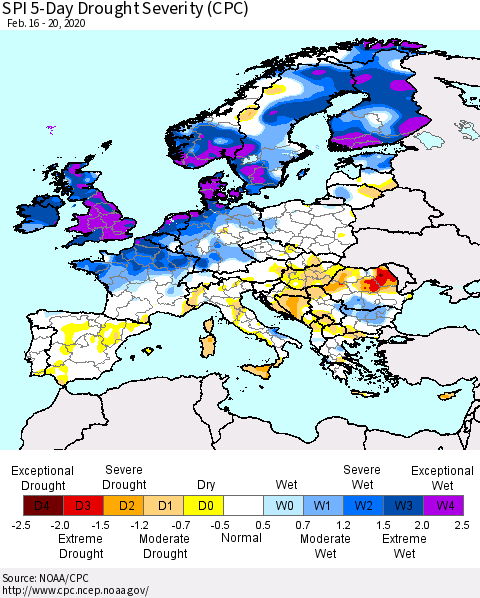 Europe SPI 5-Day Drought Severity (CPC) Thematic Map For 2/16/2020 - 2/20/2020