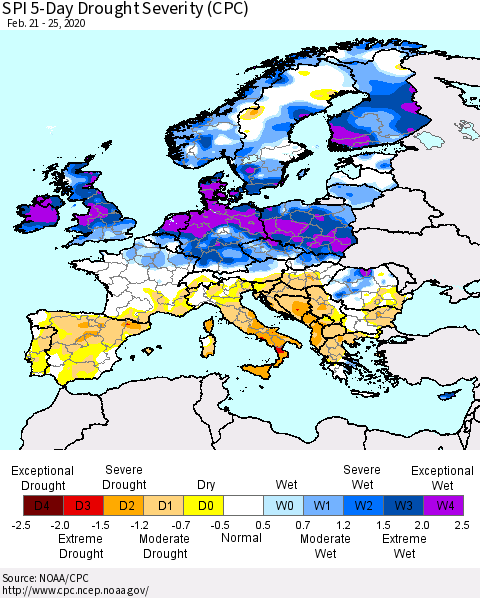 Europe SPI 5-Day Drought Severity (CPC) Thematic Map For 2/21/2020 - 2/25/2020