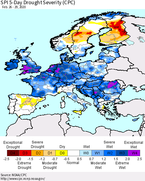 Europe SPI 5-Day Drought Severity (CPC) Thematic Map For 2/26/2020 - 2/29/2020