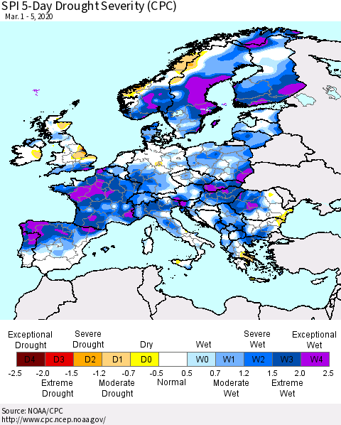 Europe SPI 5-Day Drought Severity (CPC) Thematic Map For 3/1/2020 - 3/5/2020