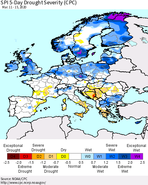 Europe SPI 5-Day Drought Severity (CPC) Thematic Map For 3/11/2020 - 3/15/2020