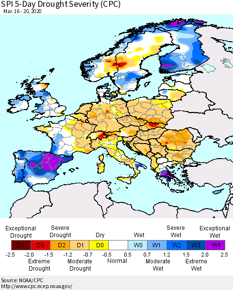 Europe SPI 5-Day Drought Severity (CPC) Thematic Map For 3/16/2020 - 3/20/2020