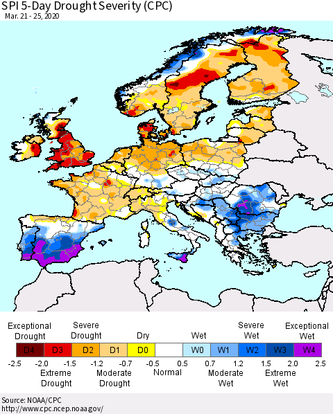Europe SPI 5-Day Drought Severity (CPC) Thematic Map For 3/21/2020 - 3/25/2020