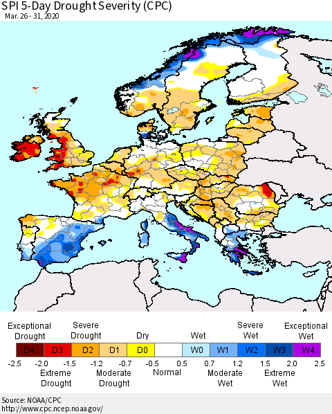 Europe SPI 5-Day Drought Severity (CPC) Thematic Map For 3/26/2020 - 3/31/2020