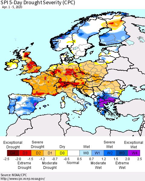 Europe SPI 5-Day Drought Severity (CPC) Thematic Map For 4/1/2020 - 4/5/2020