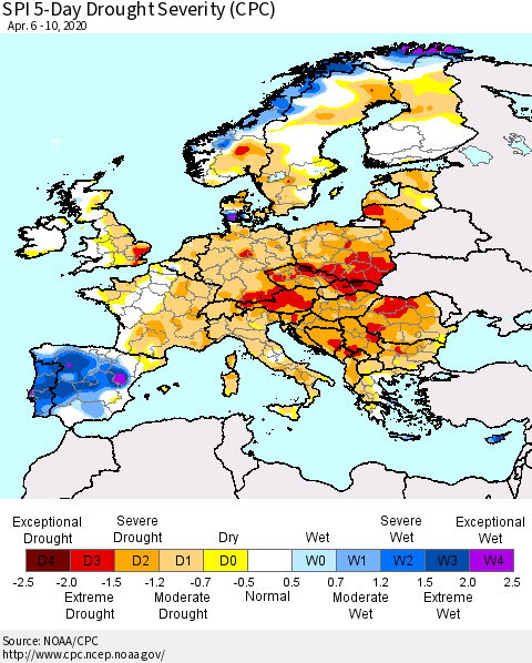 Europe SPI 5-Day Drought Severity (CPC) Thematic Map For 4/6/2020 - 4/10/2020