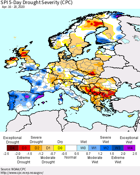 Europe SPI 5-Day Drought Severity (CPC) Thematic Map For 4/16/2020 - 4/20/2020