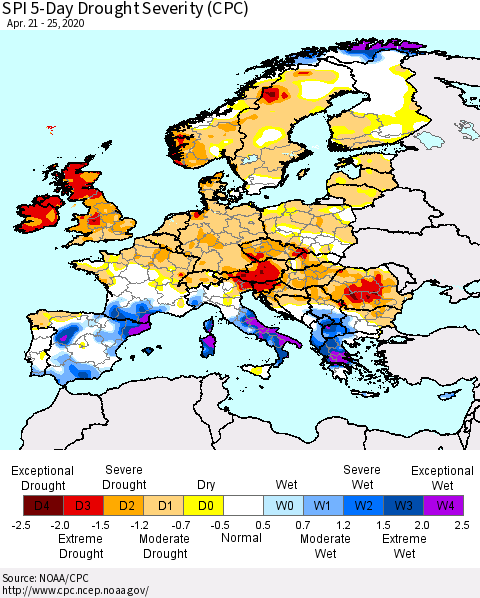 Europe SPI 5-Day Drought Severity (CPC) Thematic Map For 4/21/2020 - 4/25/2020