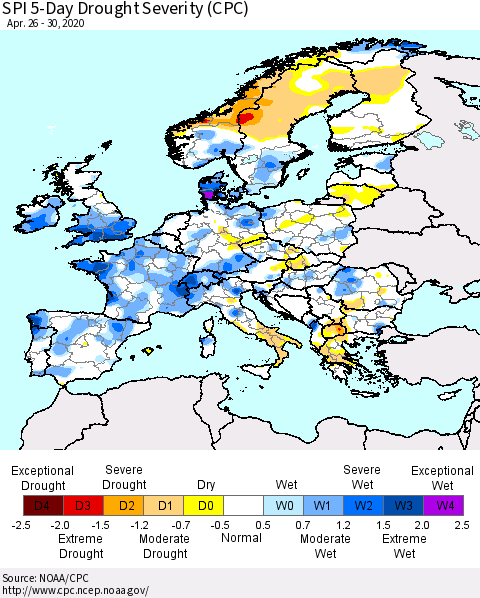 Europe SPI 5-Day Drought Severity (CPC) Thematic Map For 4/26/2020 - 4/30/2020
