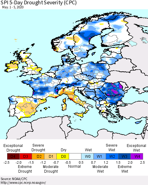 Europe SPI 5-Day Drought Severity (CPC) Thematic Map For 5/1/2020 - 5/5/2020