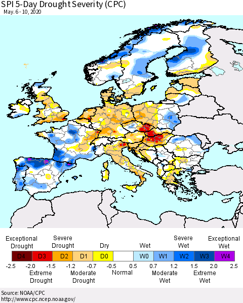 Europe SPI 5-Day Drought Severity (CPC) Thematic Map For 5/6/2020 - 5/10/2020