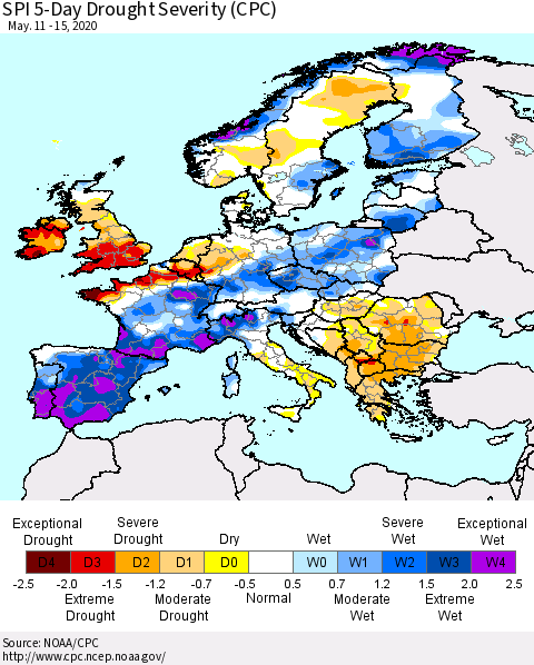 Europe SPI 5-Day Drought Severity (CPC) Thematic Map For 5/11/2020 - 5/15/2020