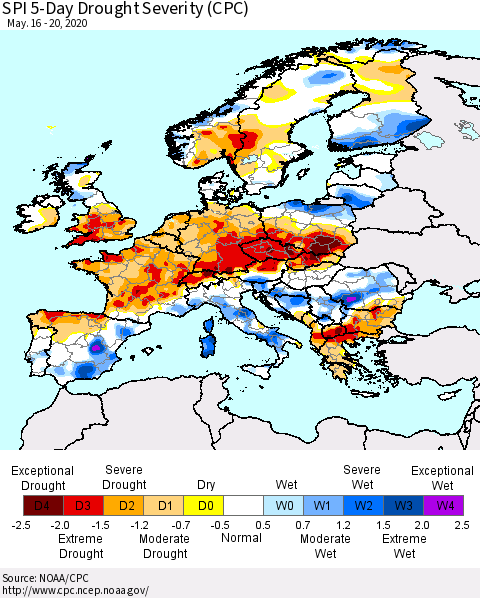 Europe SPI 5-Day Drought Severity (CPC) Thematic Map For 5/16/2020 - 5/20/2020