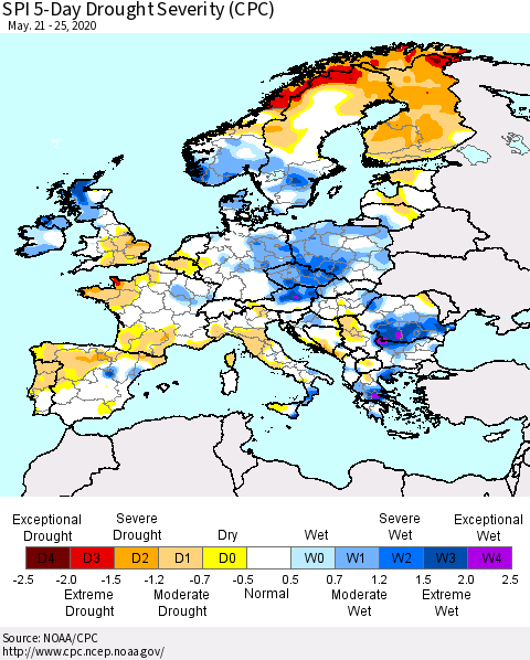 Europe SPI 5-Day Drought Severity (CPC) Thematic Map For 5/21/2020 - 5/25/2020