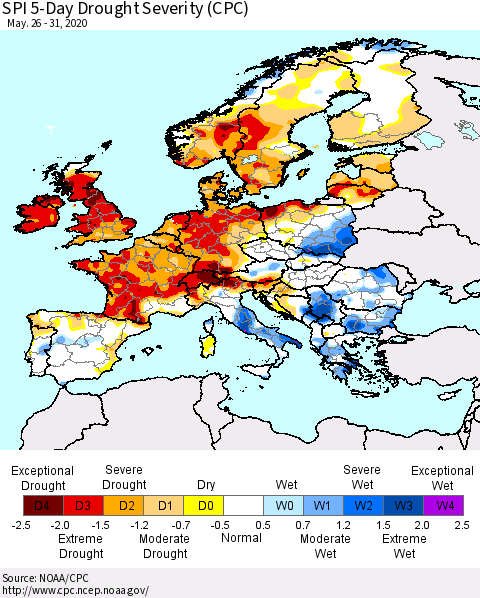 Europe SPI 5-Day Drought Severity (CPC) Thematic Map For 5/26/2020 - 5/31/2020