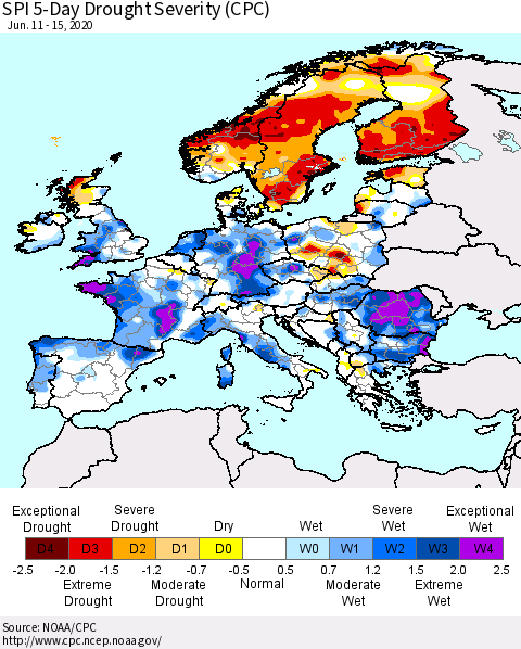 Europe SPI 5-Day Drought Severity (CPC) Thematic Map For 6/11/2020 - 6/15/2020