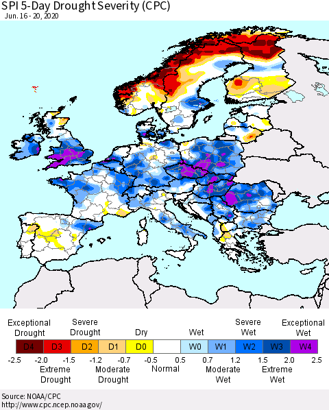 Europe SPI 5-Day Drought Severity (CPC) Thematic Map For 6/16/2020 - 6/20/2020