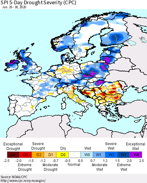 Europe SPI 5-Day Drought Severity (CPC) Thematic Map For 6/26/2020 - 6/30/2020