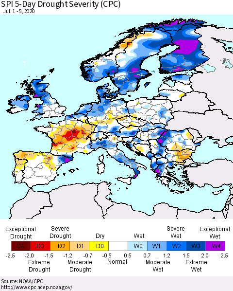 Europe SPI 5-Day Drought Severity (CPC) Thematic Map For 7/1/2020 - 7/5/2020