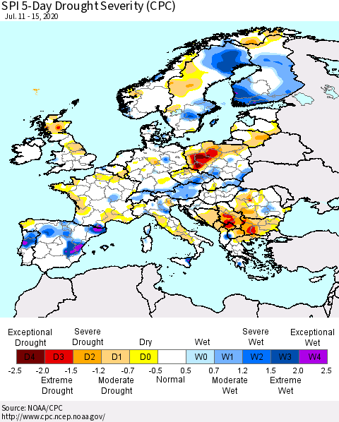 Europe SPI 5-Day Drought Severity (CPC) Thematic Map For 7/11/2020 - 7/15/2020