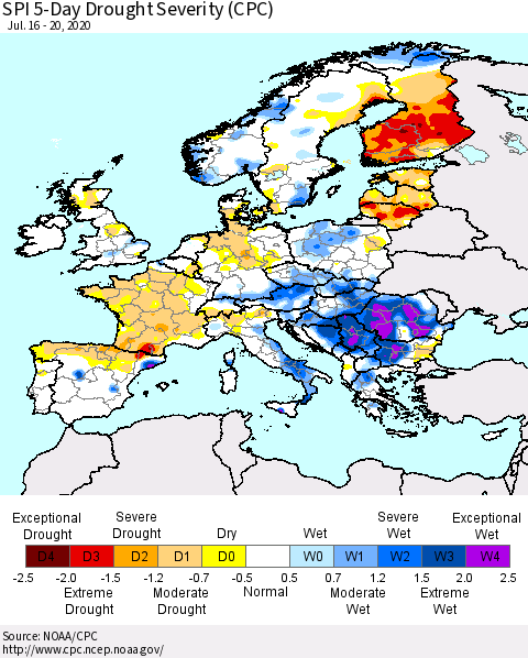Europe SPI 5-Day Drought Severity (CPC) Thematic Map For 7/16/2020 - 7/20/2020