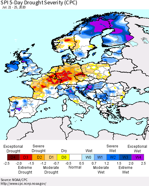Europe SPI 5-Day Drought Severity (CPC) Thematic Map For 7/21/2020 - 7/25/2020