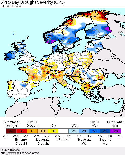 Europe SPI 5-Day Drought Severity (CPC) Thematic Map For 7/26/2020 - 7/31/2020