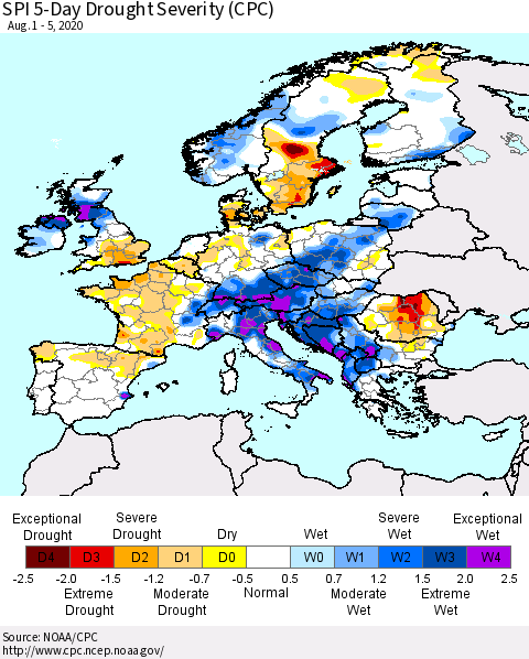 Europe SPI 5-Day Drought Severity (CPC) Thematic Map For 8/1/2020 - 8/5/2020