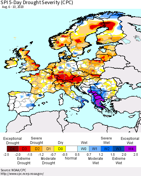 Europe SPI 5-Day Drought Severity (CPC) Thematic Map For 8/6/2020 - 8/10/2020