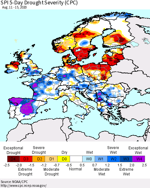 Europe SPI 5-Day Drought Severity (CPC) Thematic Map For 8/11/2020 - 8/15/2020