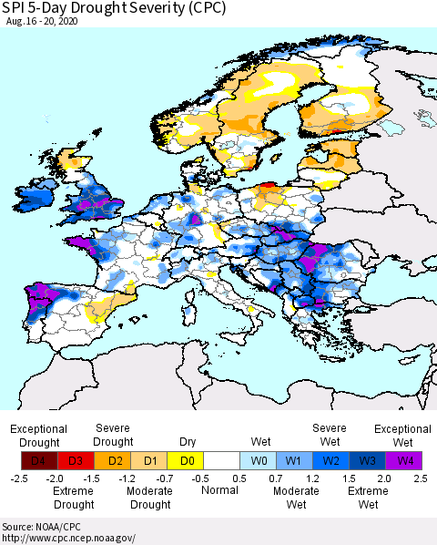 Europe SPI 5-Day Drought Severity (CPC) Thematic Map For 8/16/2020 - 8/20/2020