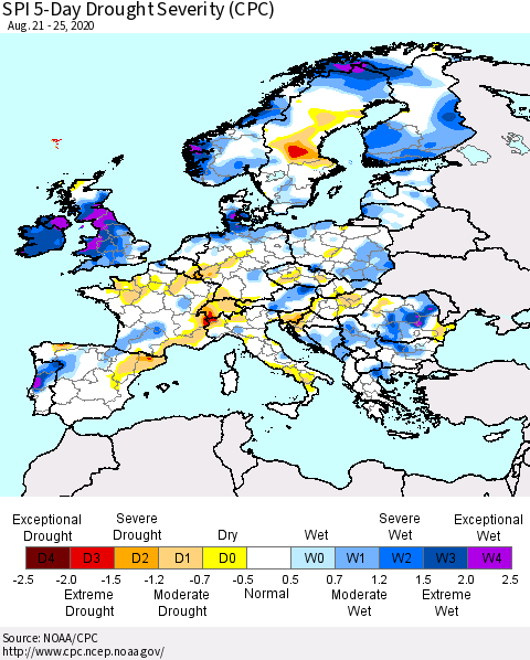 Europe SPI 5-Day Drought Severity (CPC) Thematic Map For 8/21/2020 - 8/25/2020