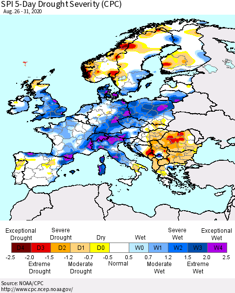 Europe SPI 5-Day Drought Severity (CPC) Thematic Map For 8/26/2020 - 8/31/2020