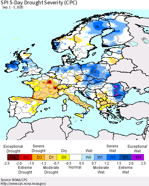 Europe SPI 5-Day Drought Severity (CPC) Thematic Map For 9/1/2020 - 9/5/2020
