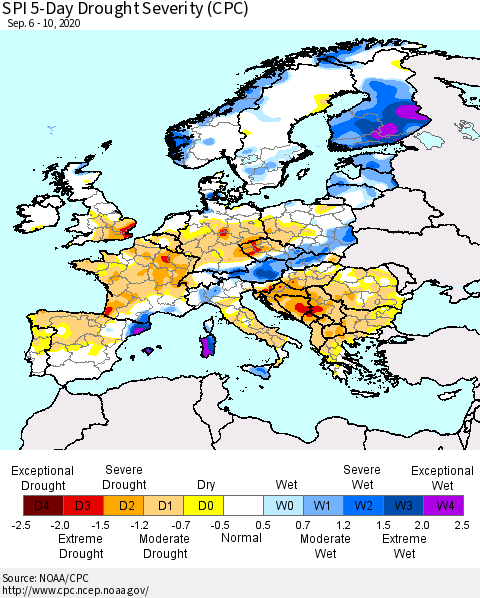 Europe SPI 5-Day Drought Severity (CPC) Thematic Map For 9/6/2020 - 9/10/2020