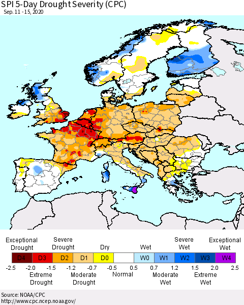 Europe SPI 5-Day Drought Severity (CPC) Thematic Map For 9/11/2020 - 9/15/2020