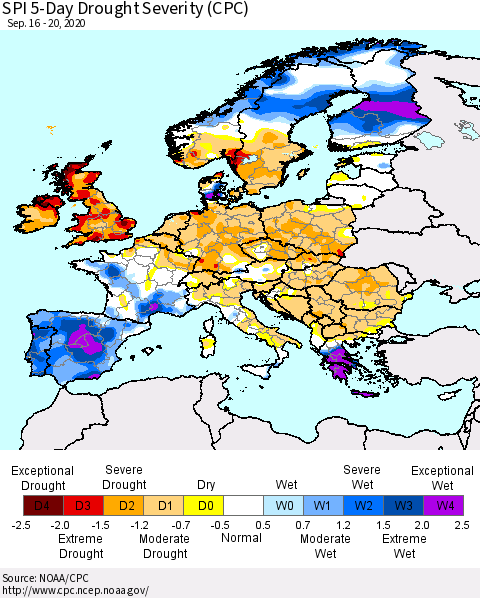 Europe SPI 5-Day Drought Severity (CPC) Thematic Map For 9/16/2020 - 9/20/2020